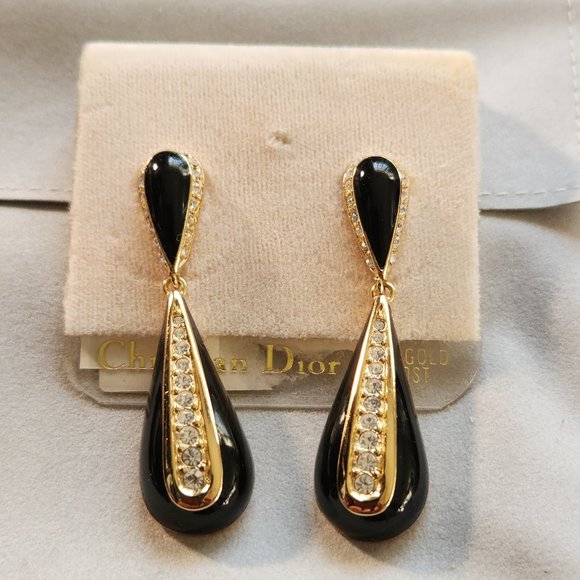 Dior Jewelry - VINTAGE CHRISTIAN DIOR BLACK ENAMEL & SWAROVSKI CRYSTAL RHINESTONE POST EARRINGS